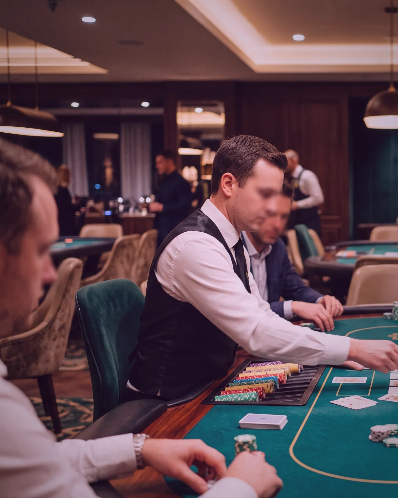 A card table dressed for bridge, four chairs drawn up around stacked chips